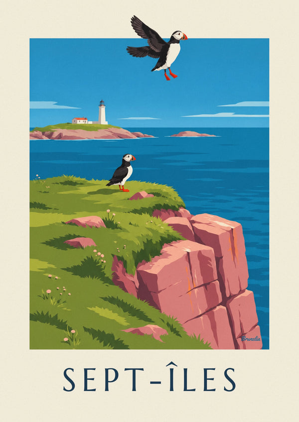 Puffins on the Sept-Îles cliffs poster