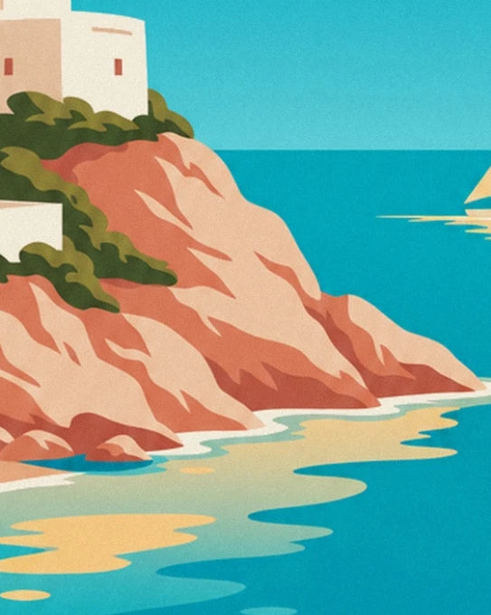 The pink cliffs edged with greenery and golden reflections on the turquoise sea