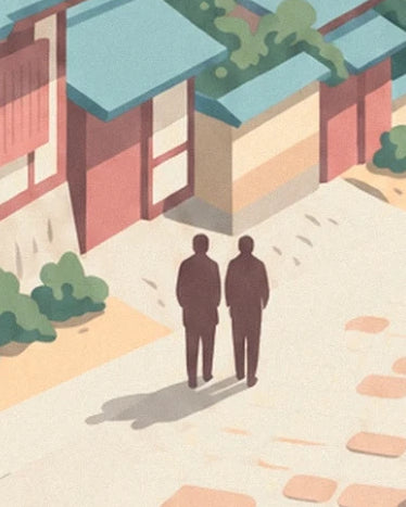 Les 2 silhouettes et leurs longues ombres dans une ruelle claire de Kyoto