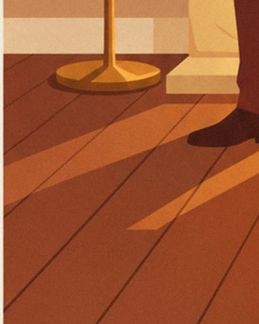 Le pied doré, la chaussure sombre de l'homme et le parquet traversé de lumière orangée