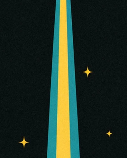 Un rayon jaune bordé de turquoise et 3 étoiles dorées sur fond noir