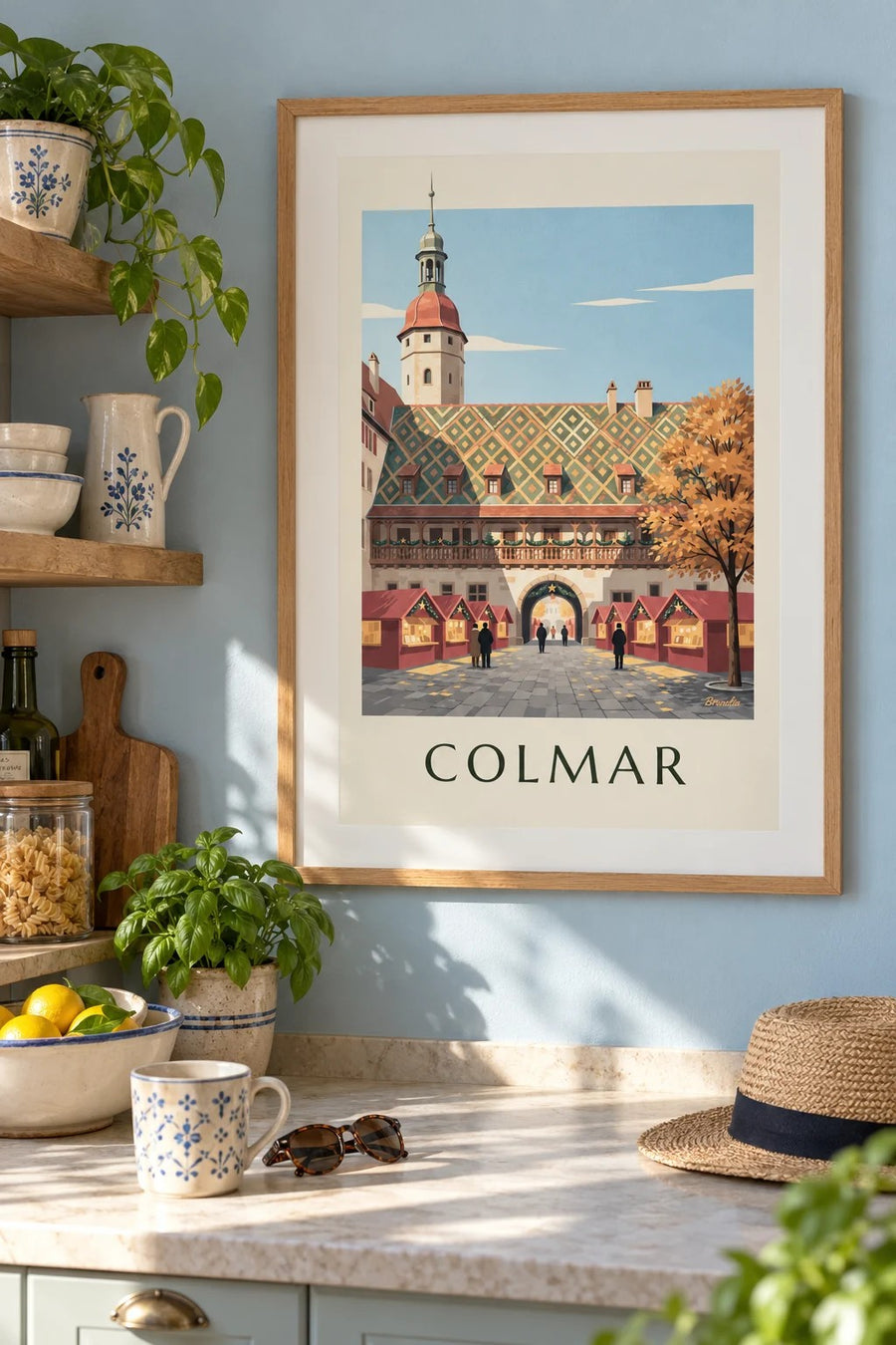Plakat z jarmarkiem bożonarodzeniowym w Colmarze przy Koïfhusie : w ramie na ścianie