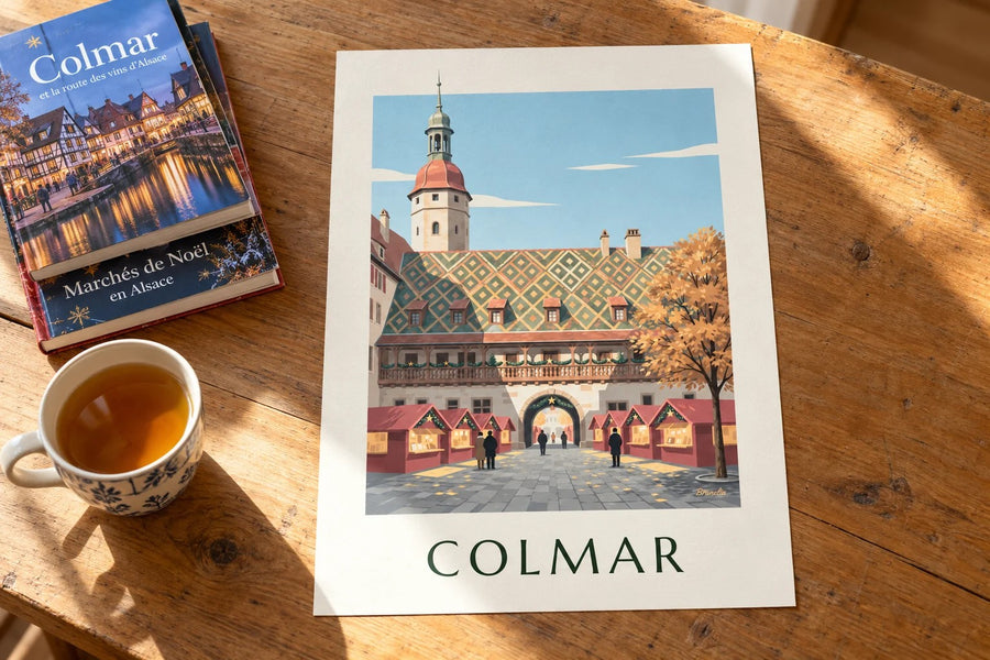 Plakat z jarmarkiem bożonarodzeniowym w Colmarze przy Koïfhusie : na stole