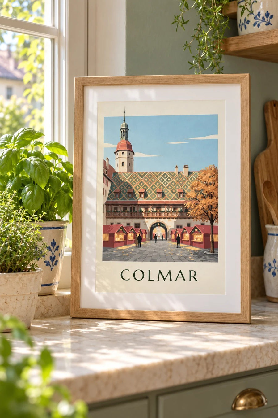 Plakat z jarmarkiem bożonarodzeniowym w Colmarze przy Koïfhusie : mały format A4 w ramie