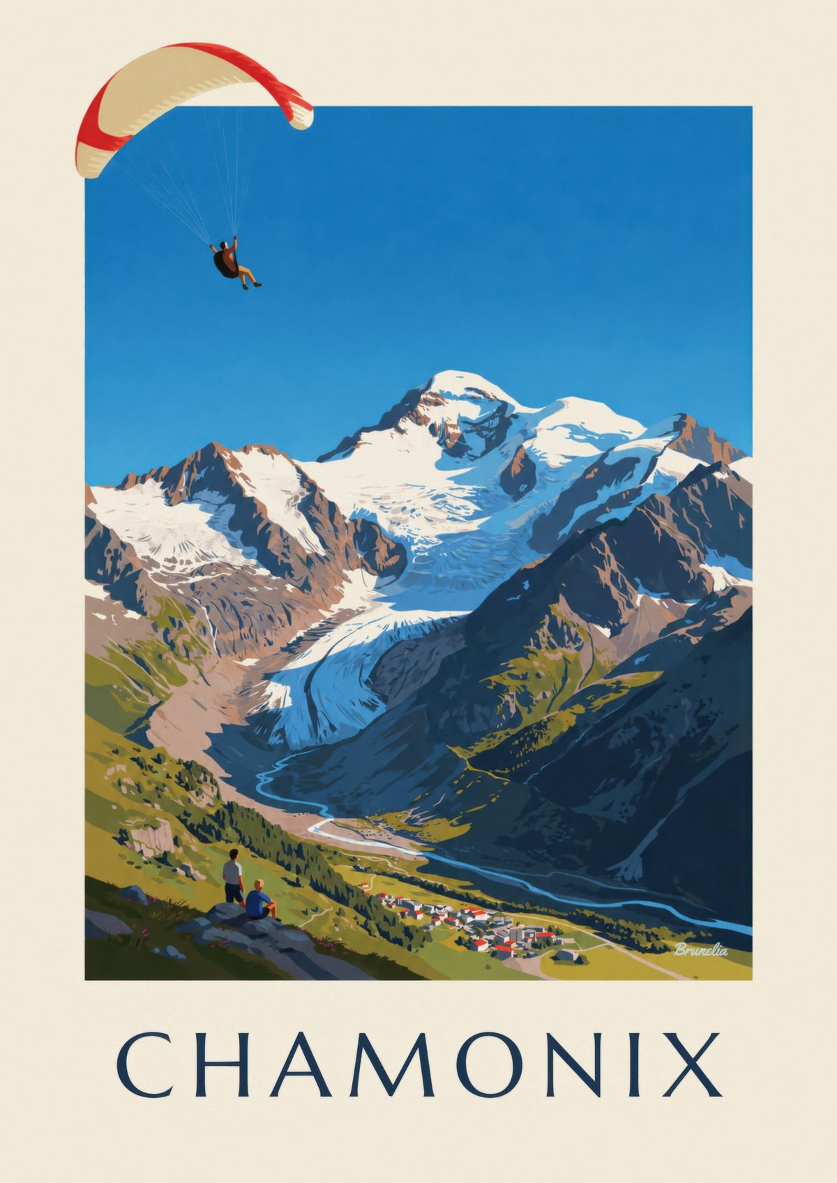 Plakat z paralotnią w Chamonix i Mont Blanc