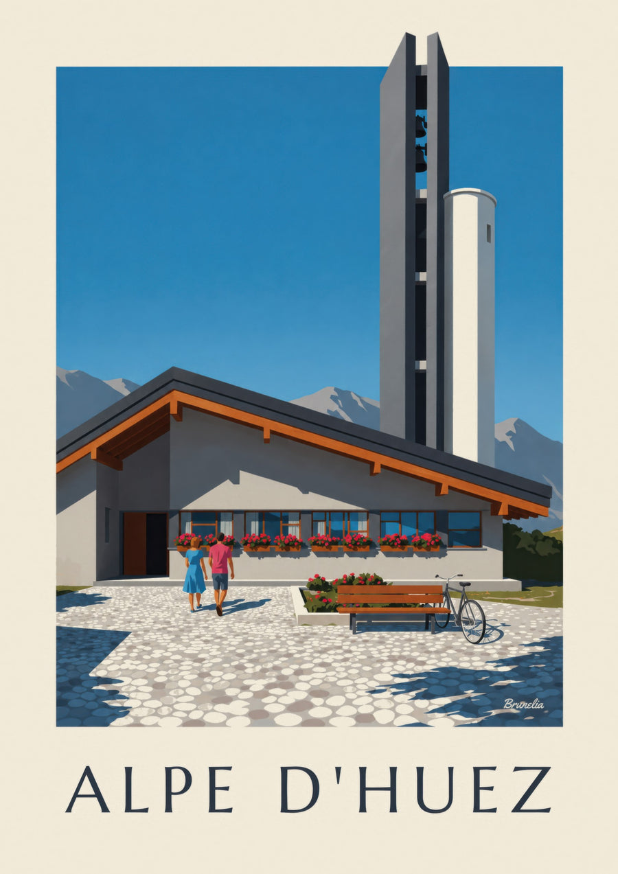 Plakat z kościołem Notre-Dame-des-Neiges w Alpe d’Huez
