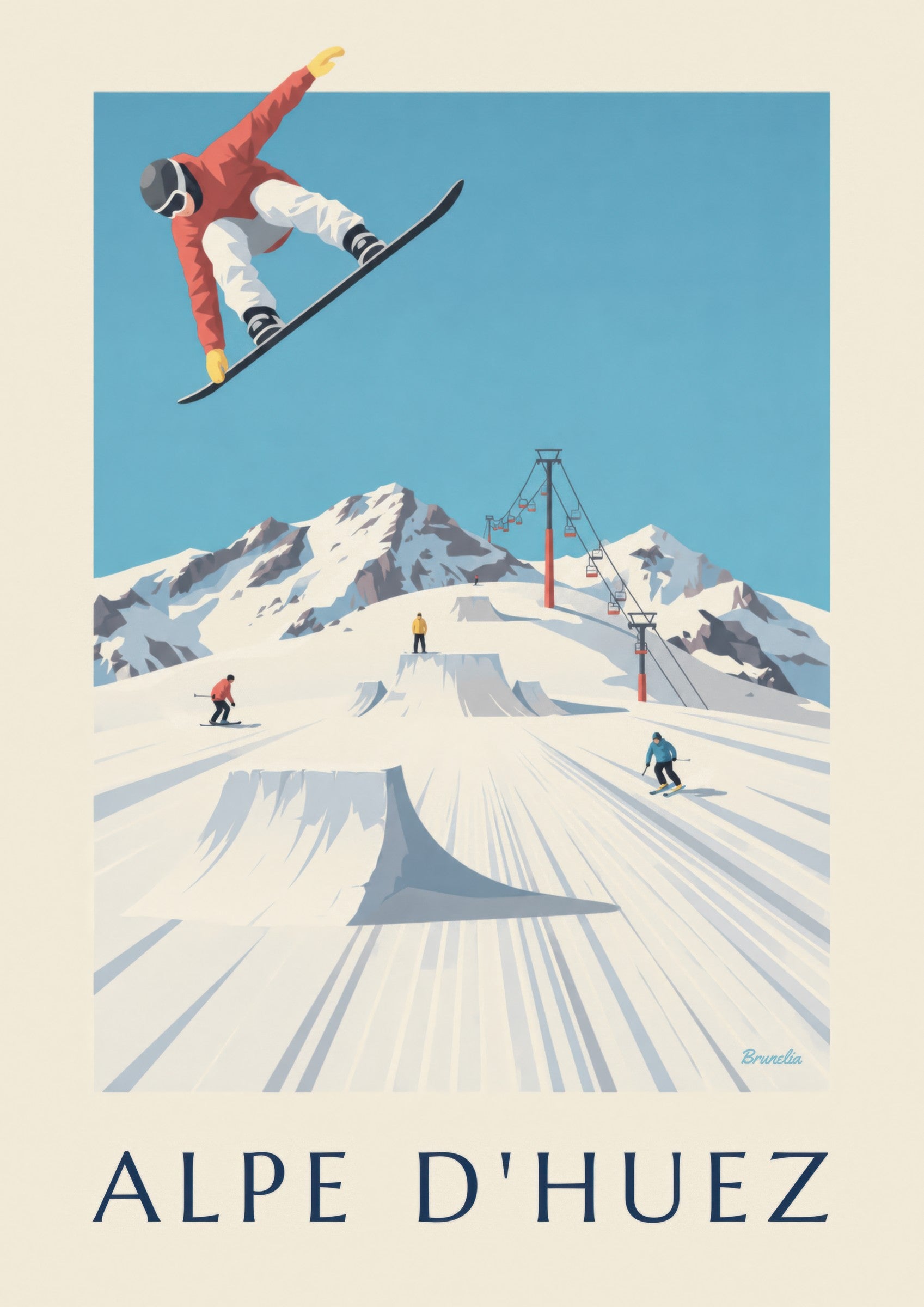 Plakat Alpe d’Huez z narciarzami i snowboardzistami: zbliżenie szczegółu