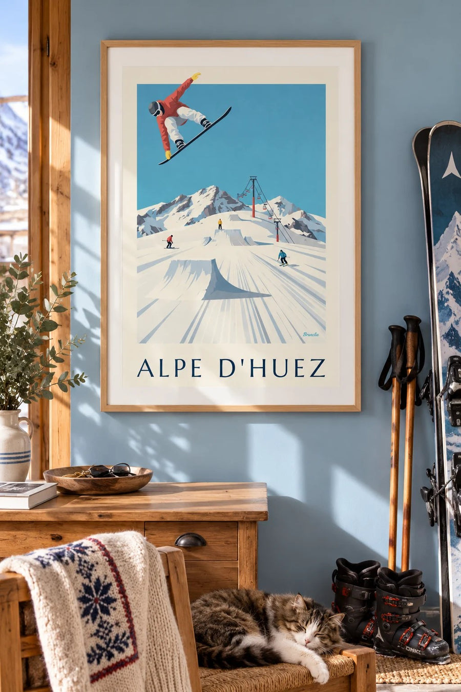 Plakat Alpe d’Huez z narciarzami i snowboardzistami : w ramie na ścianie