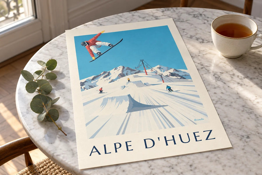 Plakat Alpe d’Huez z narciarzami i snowboardzistami : na stole
