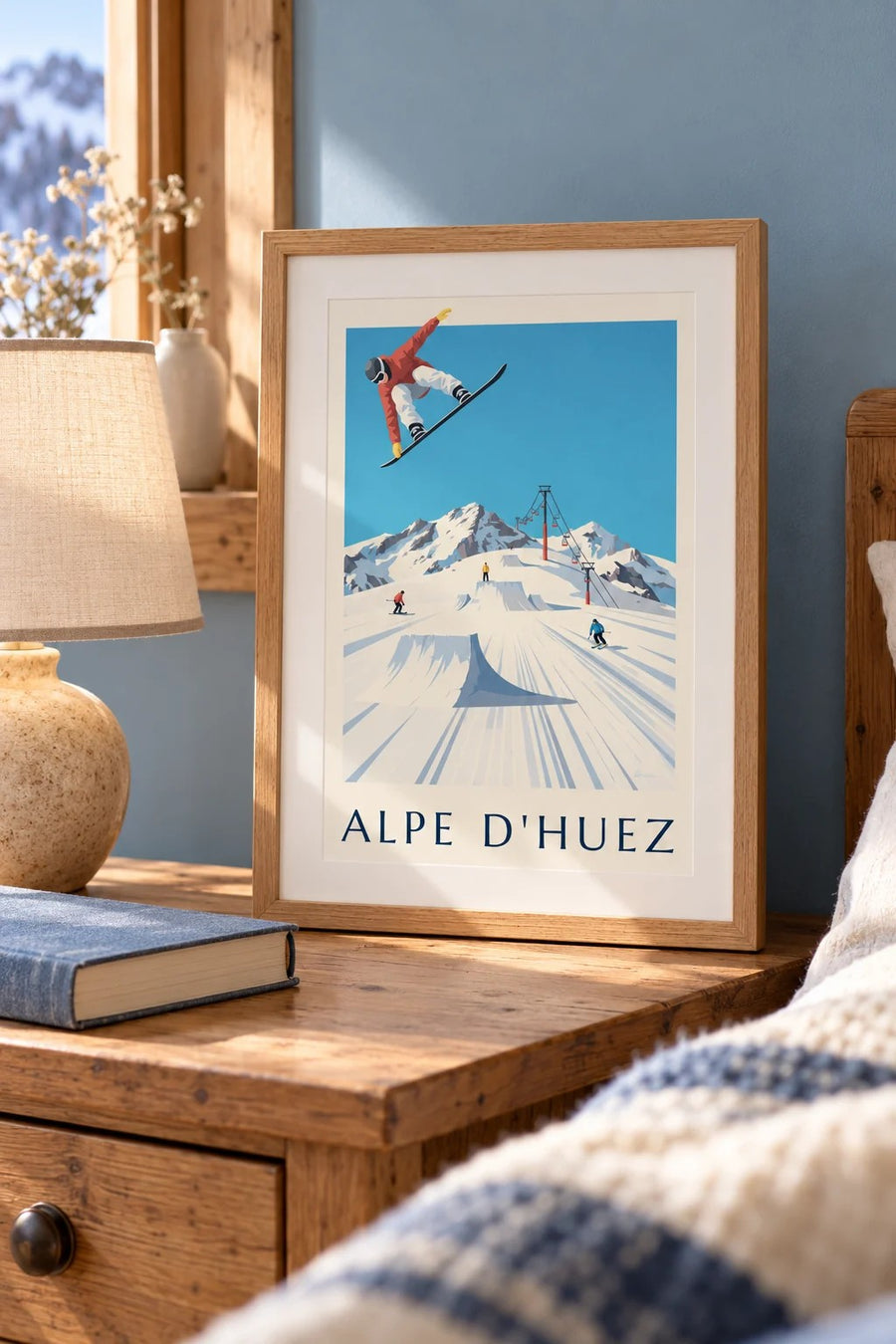 Plakat Alpe d’Huez z narciarzami i snowboardzistami : mały format A4 w ramie