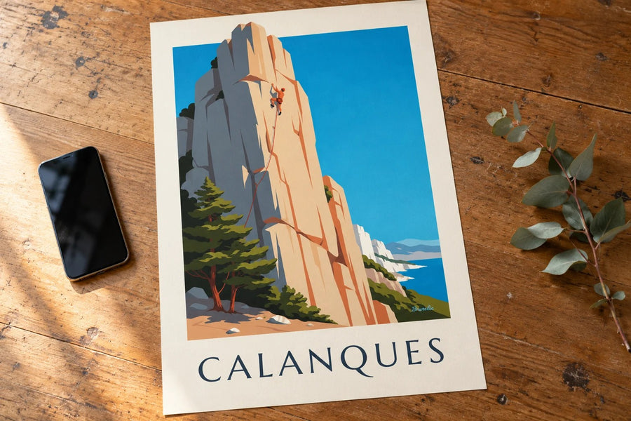 Plakat wspinaczkowy przedstawiający calanques Marsylii | Brunelia : na stole