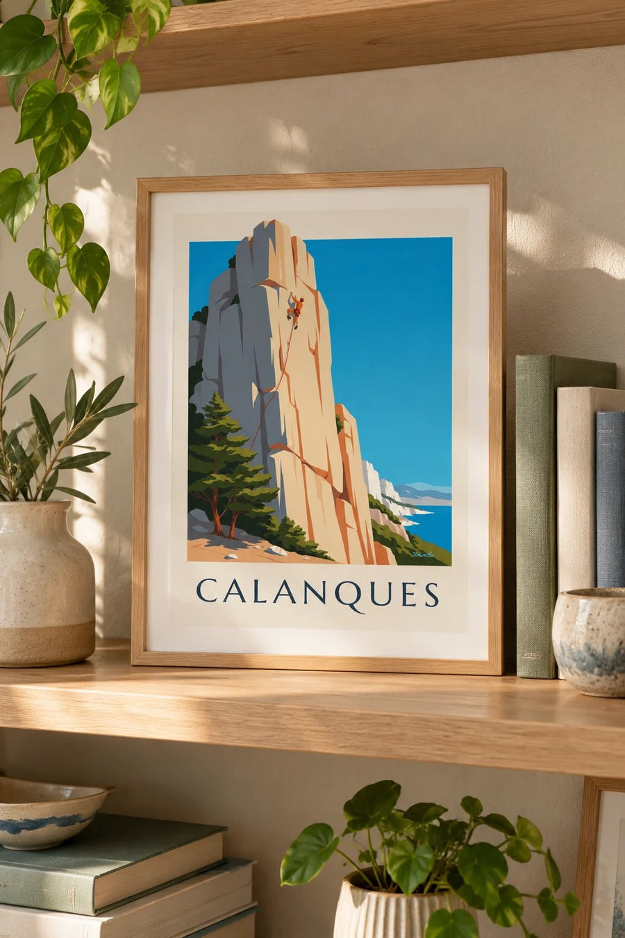 Plakat wspinaczkowy przedstawiający calanques Marsylii | Brunelia : mały format A4 w ramie