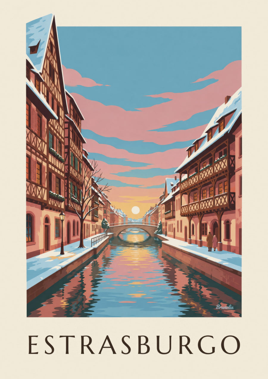 Plakat Petite France w Strasburgu zimą (tytuł ESTRASBURGO)