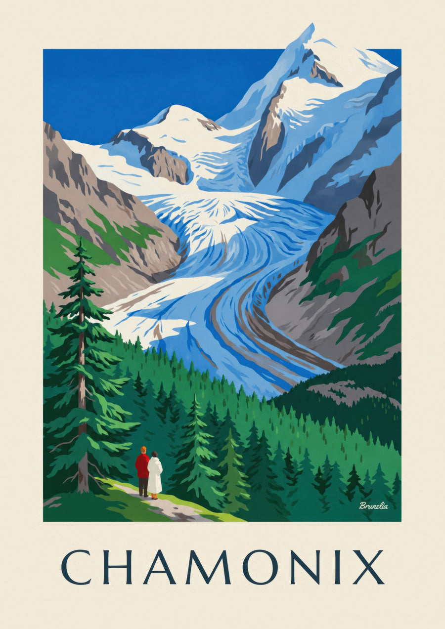 Plakat Chamonix, lodowiec Bossons i Mont Blanc