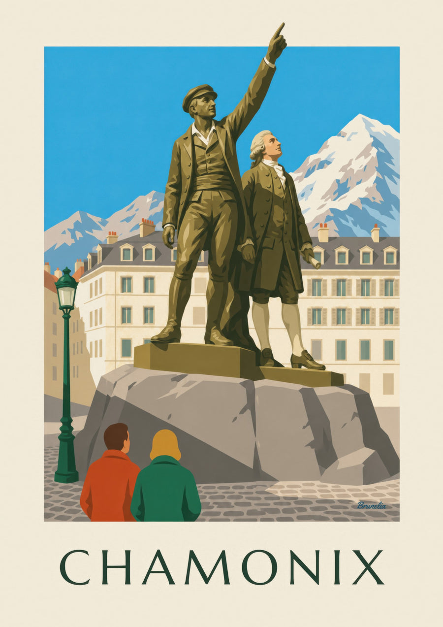 Plakat z posągiem Balmata i Saussure’a w Chamonix