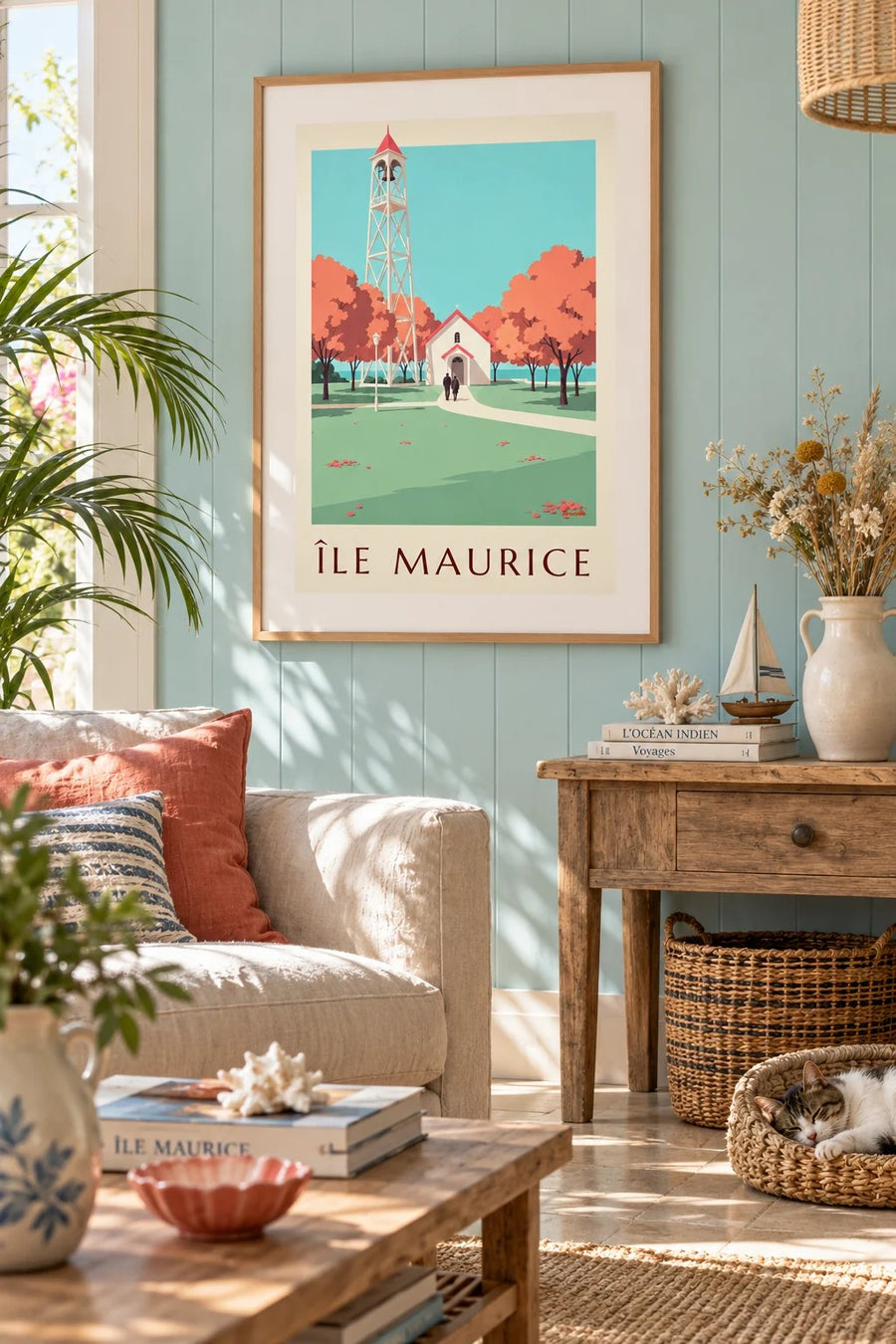 Plakat Mauritius, kościół z czerwonym dachem (tytuł ÎLE MAURICE) : w ramie na ścianie