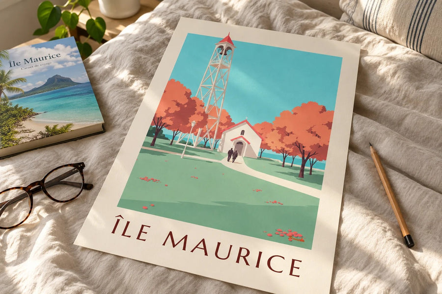 Plakat Mauritius, kościół z czerwonym dachem (tytuł ÎLE MAURICE) : na stole