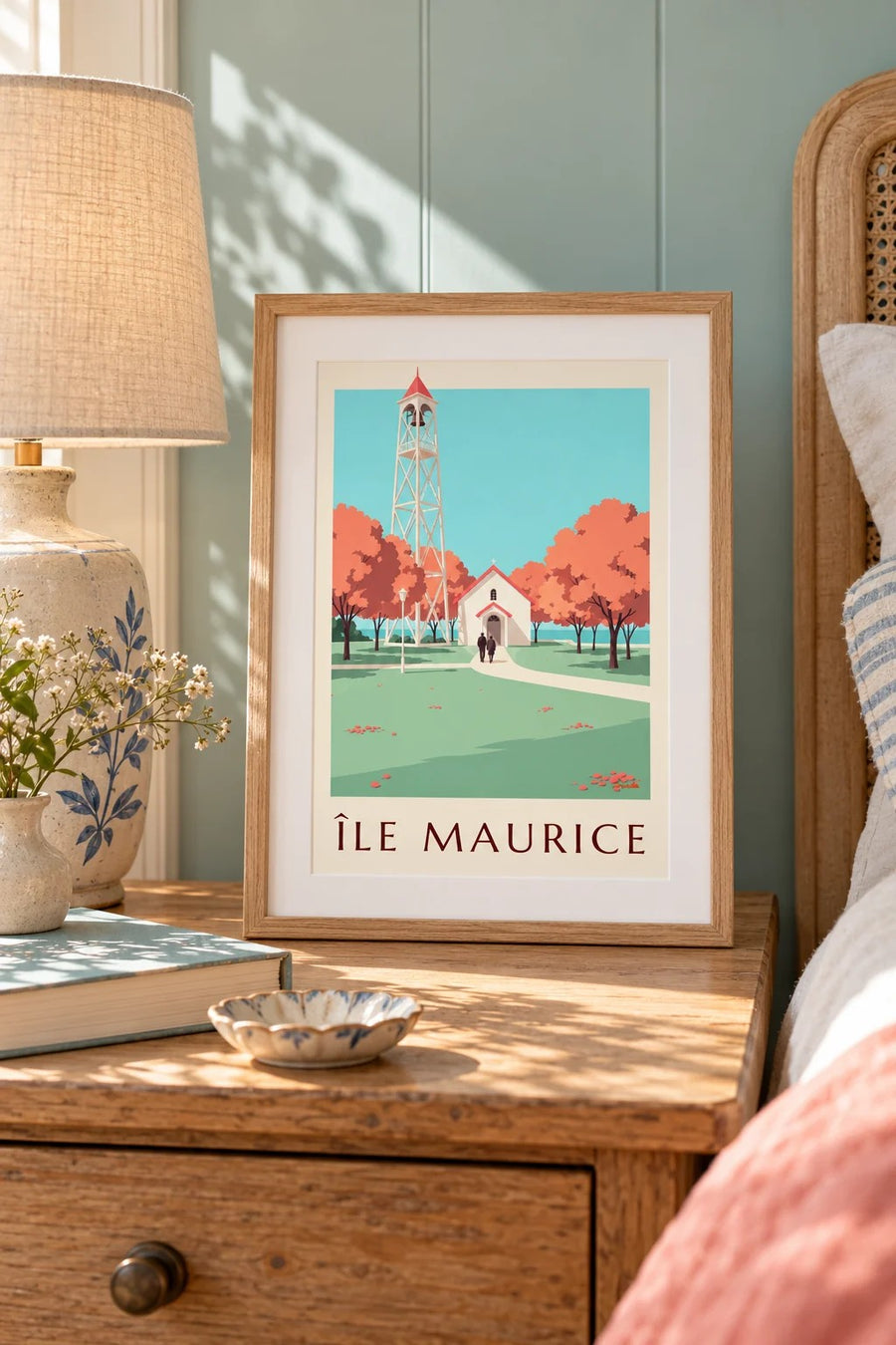Plakat Mauritius, kościół z czerwonym dachem (tytuł ÎLE MAURICE) : mały format A4 w ramie