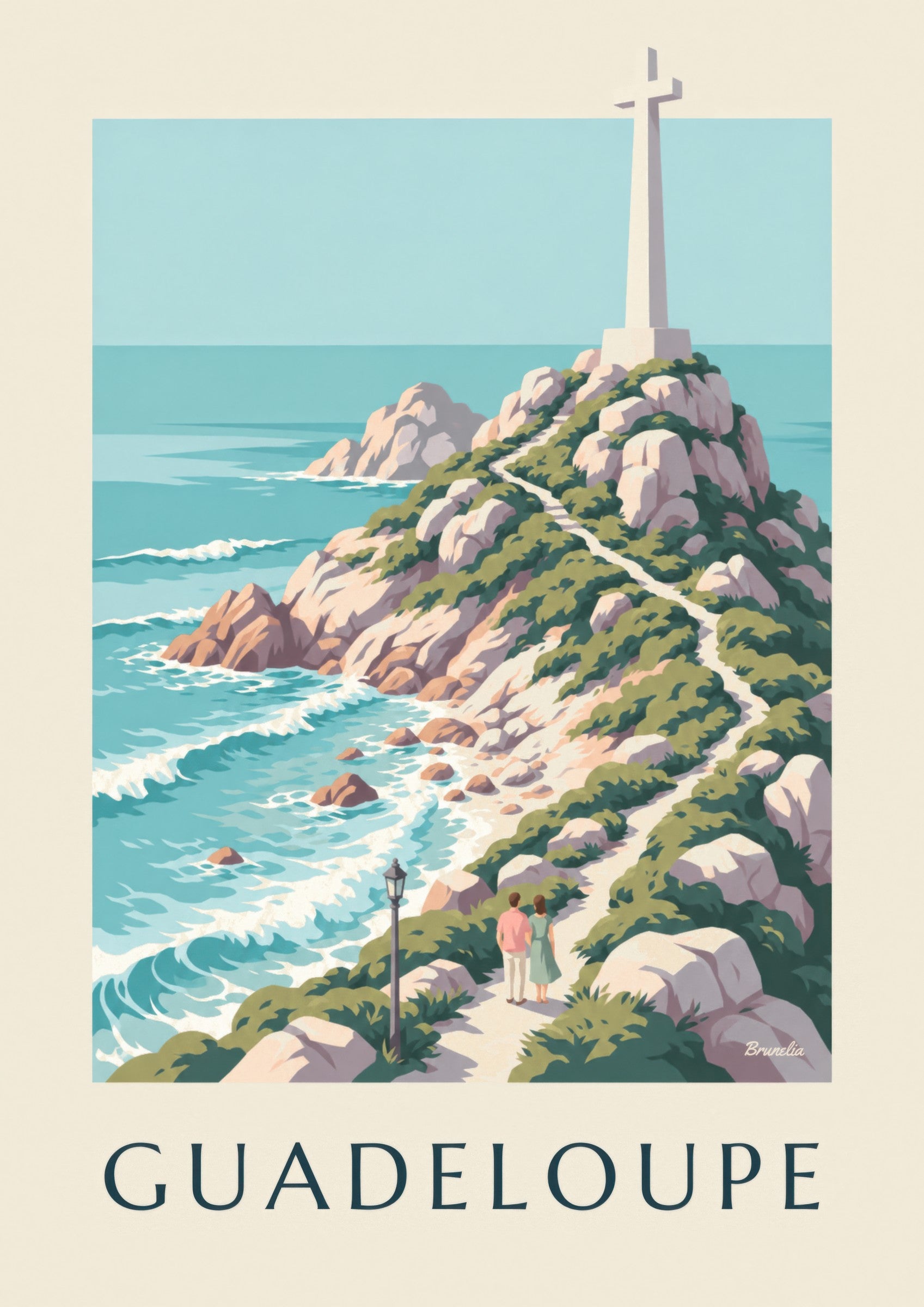 Plakat Gwadelupa, Pointe des Châteaux i biały krzyż: zbliżenie szczegółu