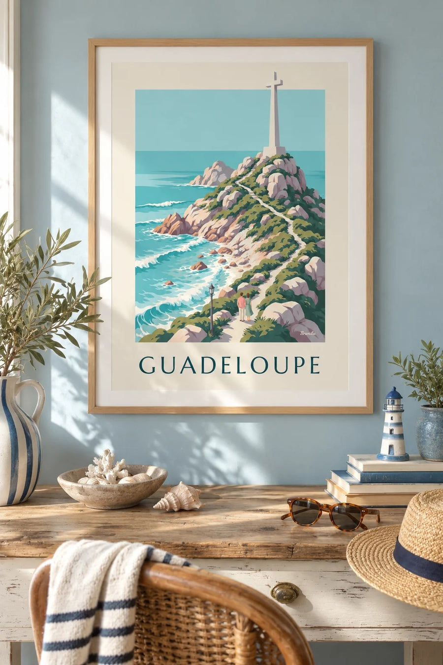 Plakat Gwadelupa, Pointe des Châteaux i biały krzyż : w ramie na ścianie