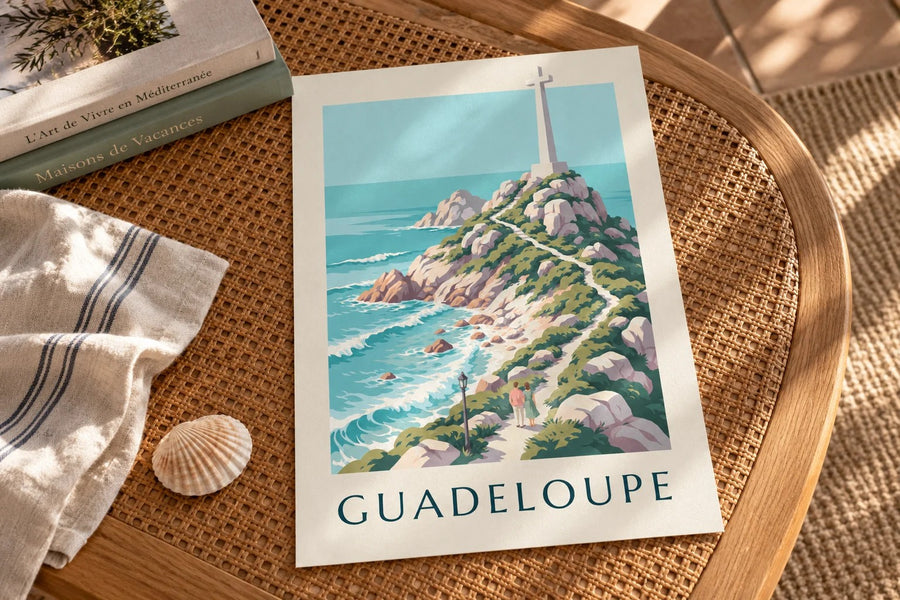 Plakat Gwadelupa, Pointe des Châteaux i biały krzyż : na stole