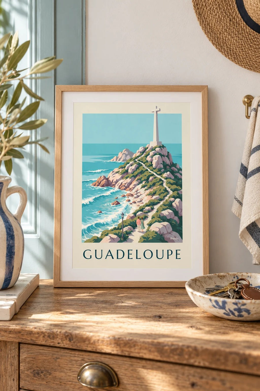 Plakat Gwadelupa, Pointe des Châteaux i biały krzyż : mały format A4 w ramie