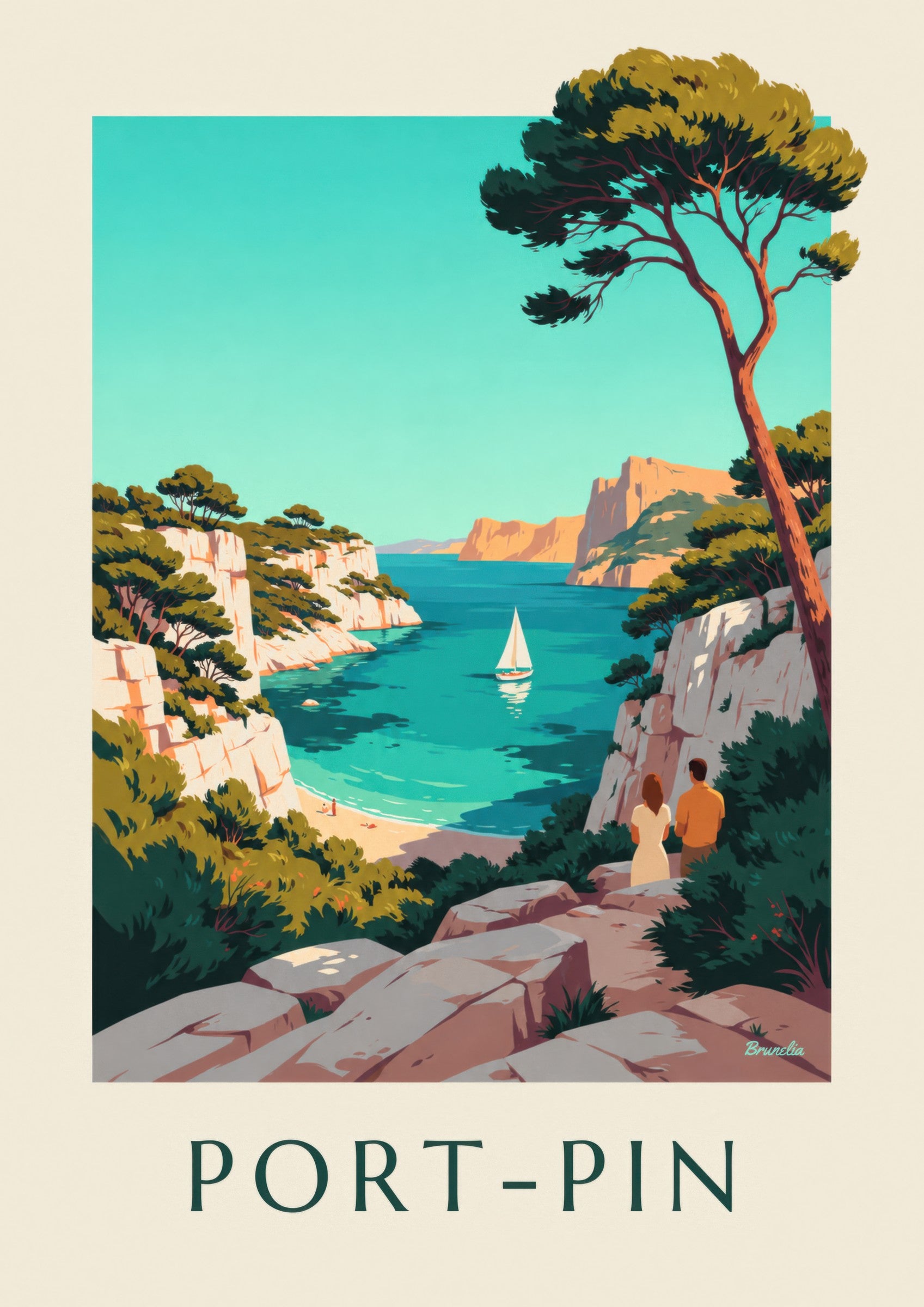 Affiche calanque de Port-Pin et voilier: zbliżenie szczegółu