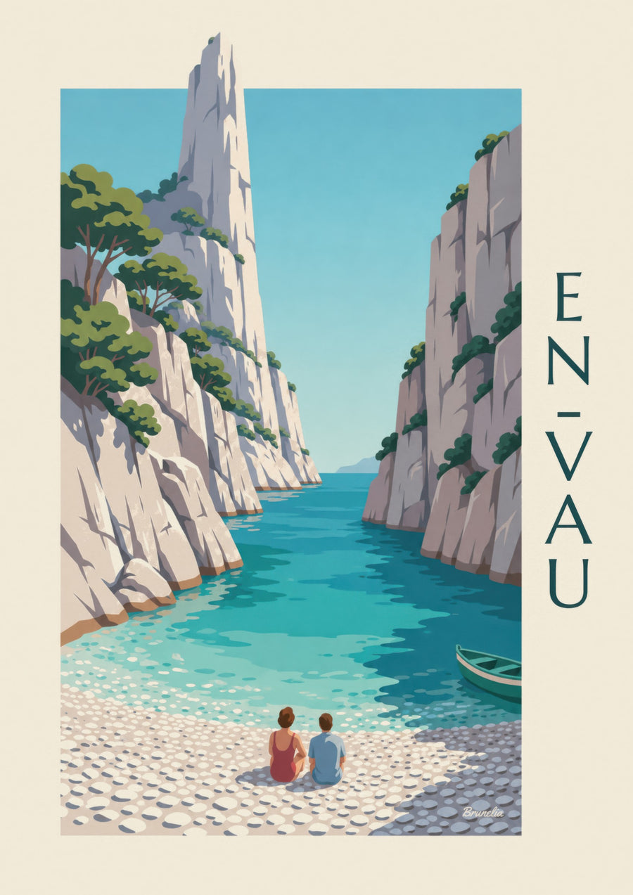 Plakat zatoki En-Vau i skalnej iglicy