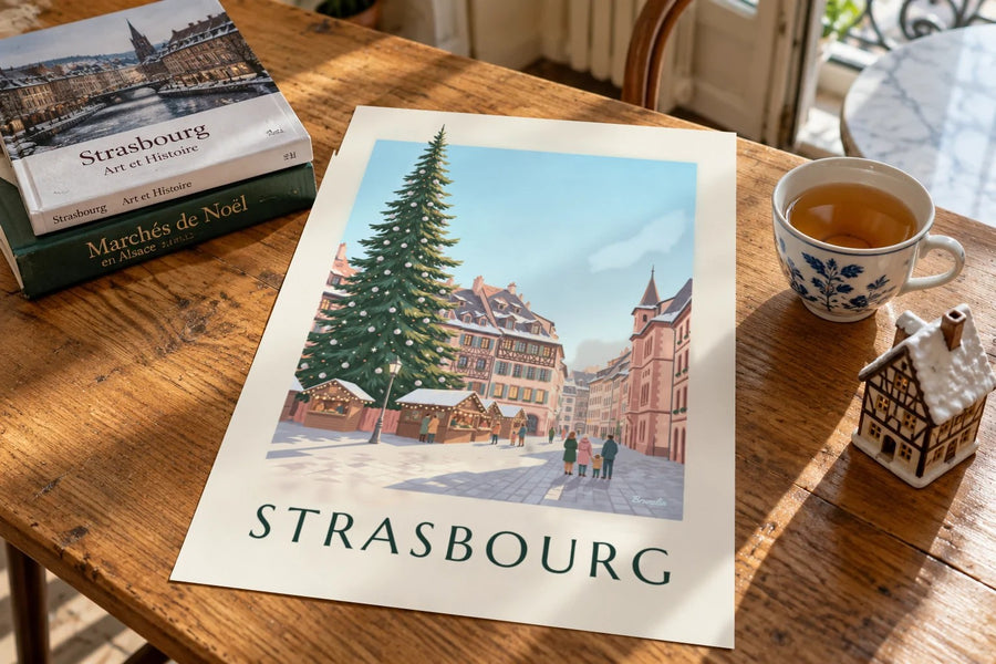 Affiche marché de Noël de Strasbourg : posée sur une table
