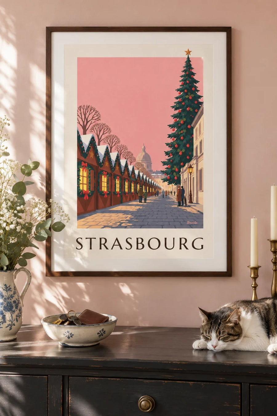 Plakat jarmarku bożonarodzeniowego w Strasburgu, plac Broglie : w ramie na ścianie