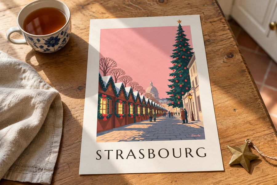 Plakat jarmarku bożonarodzeniowego w Strasburgu, plac Broglie : na stole