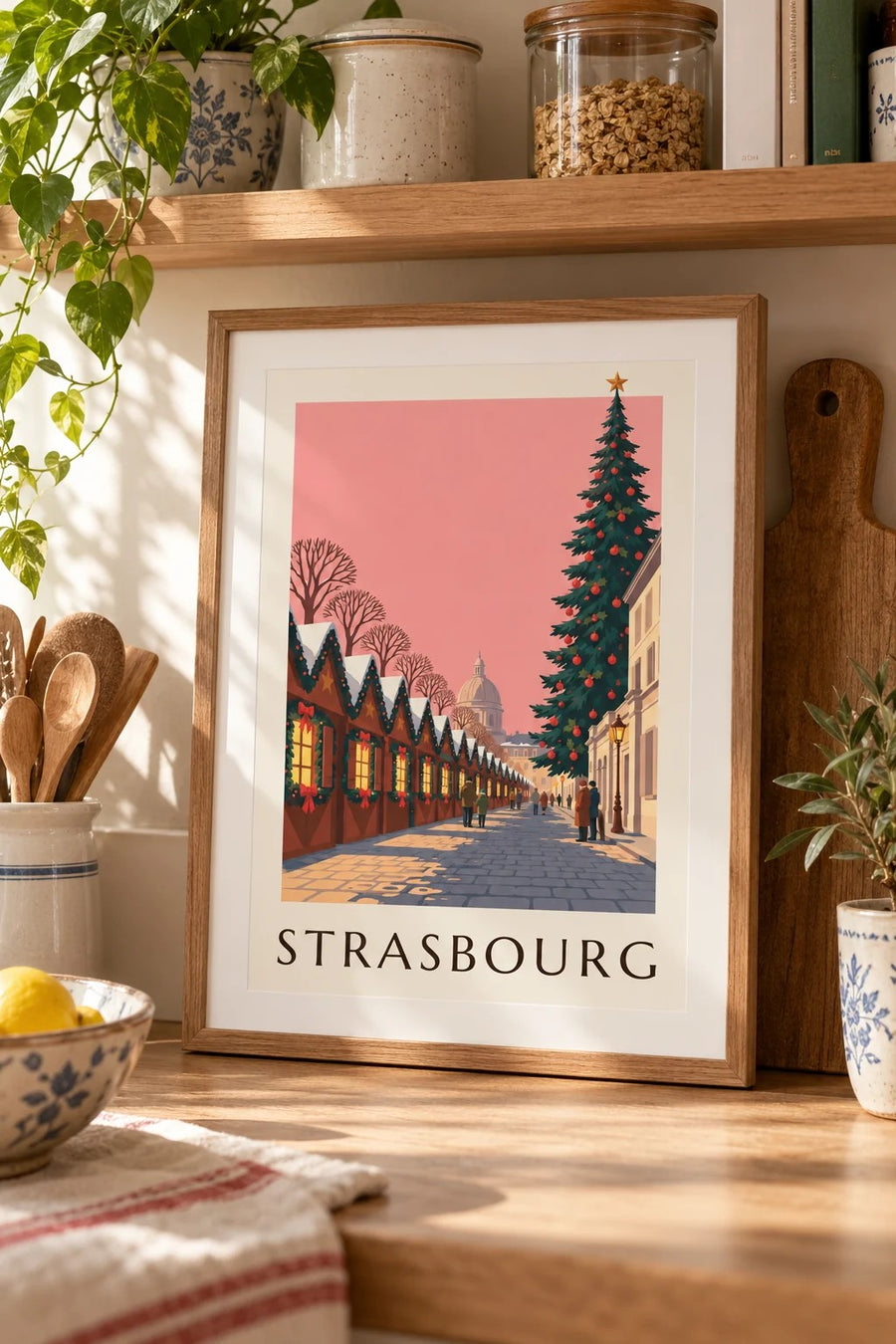 Plakat jarmarku bożonarodzeniowego w Strasburgu, plac Broglie : mały format A4 w ramie