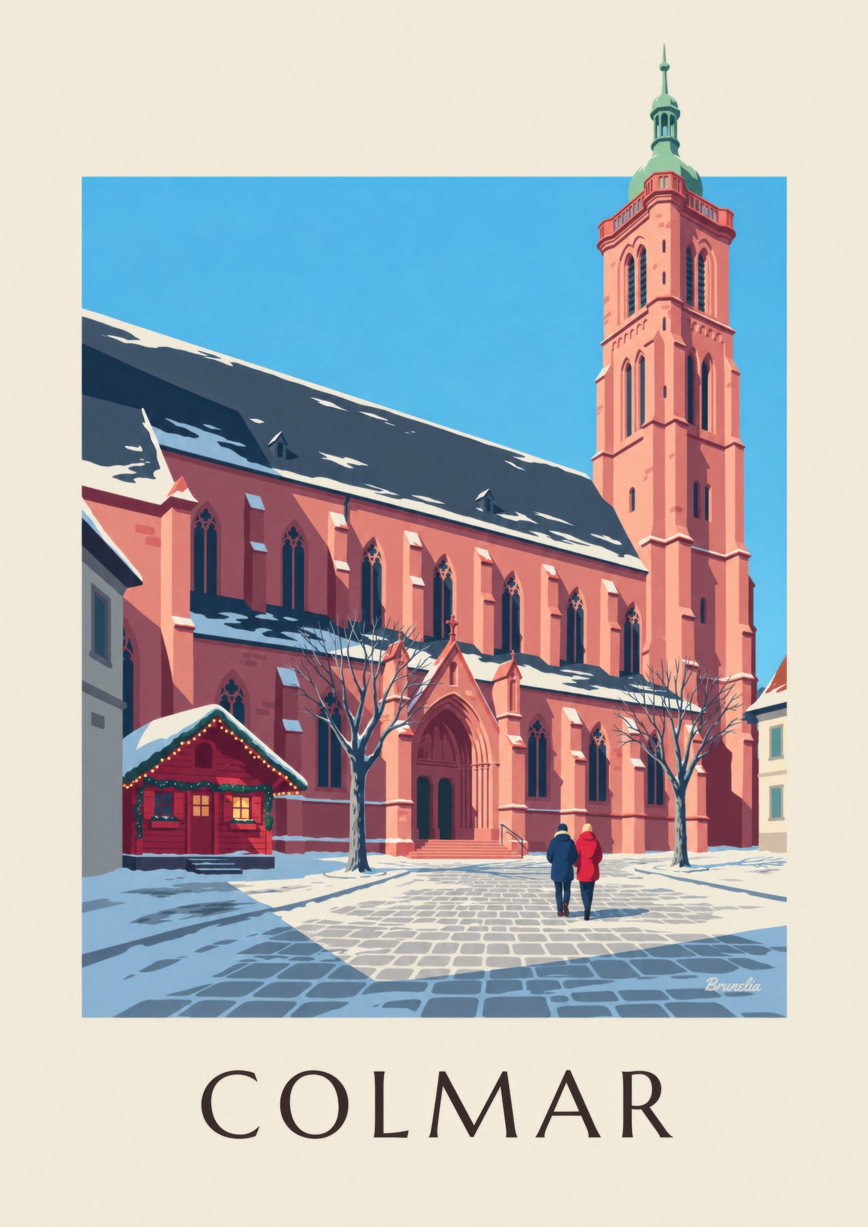 Plakat kolegiaty św. Marcina w Colmarze zimą: zbliżenie szczegółu
