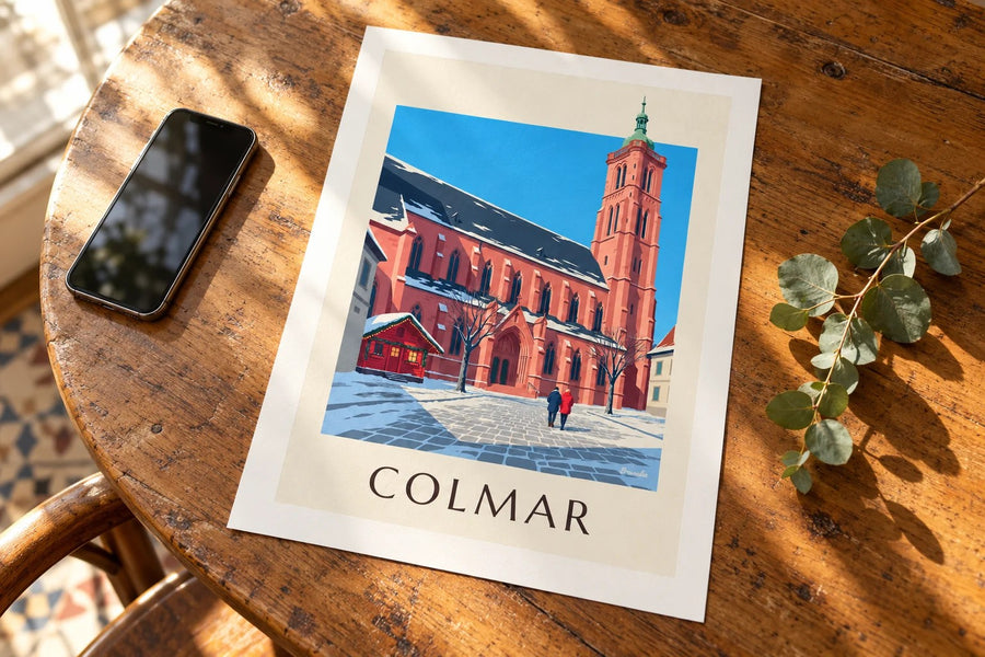 Plakat kolegiaty św. Marcina w Colmarze zimą : na stole