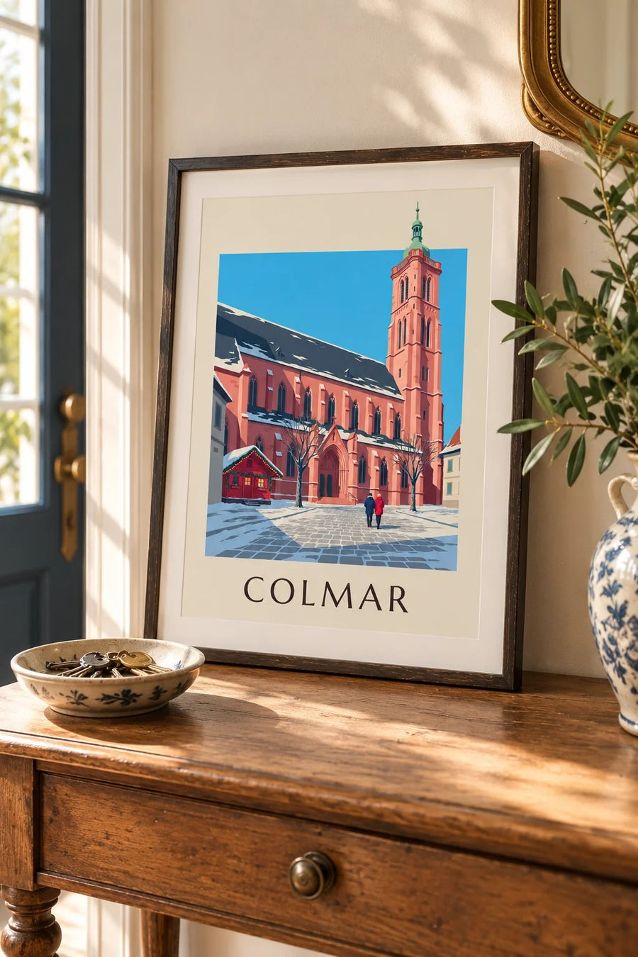 Plakat kolegiaty św. Marcina w Colmarze zimą : mały format A4 w ramie