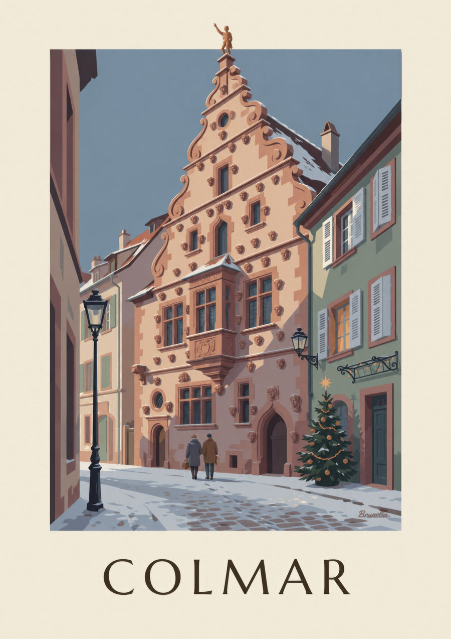 Plakat Domu Głów w Colmarze zimą