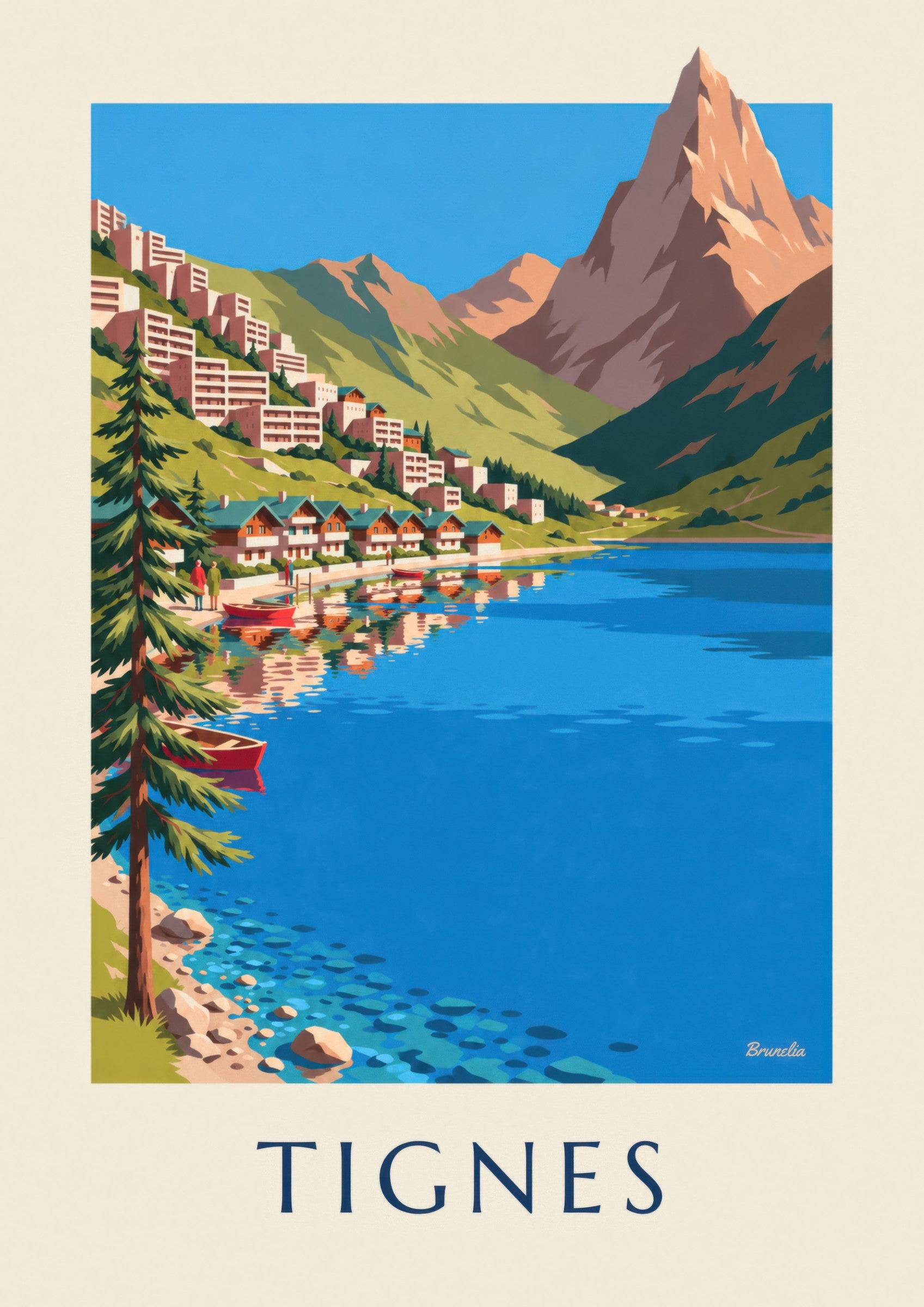 Affiche Tignes, le lac et Tignes-Le Lac en été: zbliżenie szczegółu