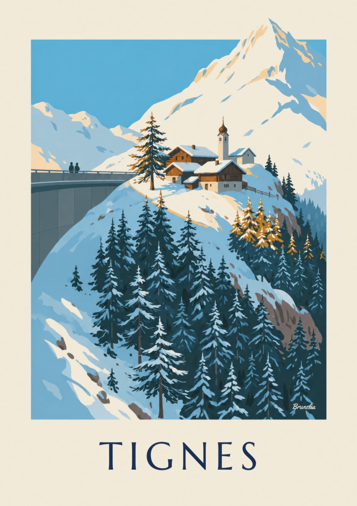 Plakat Tignes 1800 i dzwonnica zimą