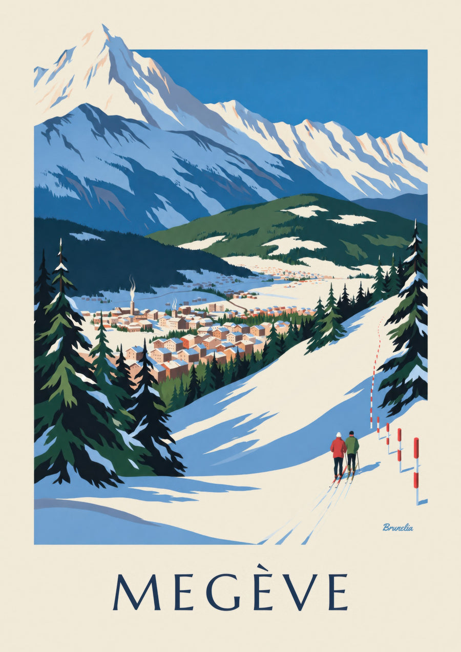 Plakat Megève, stoki na tle Mont-Blanc