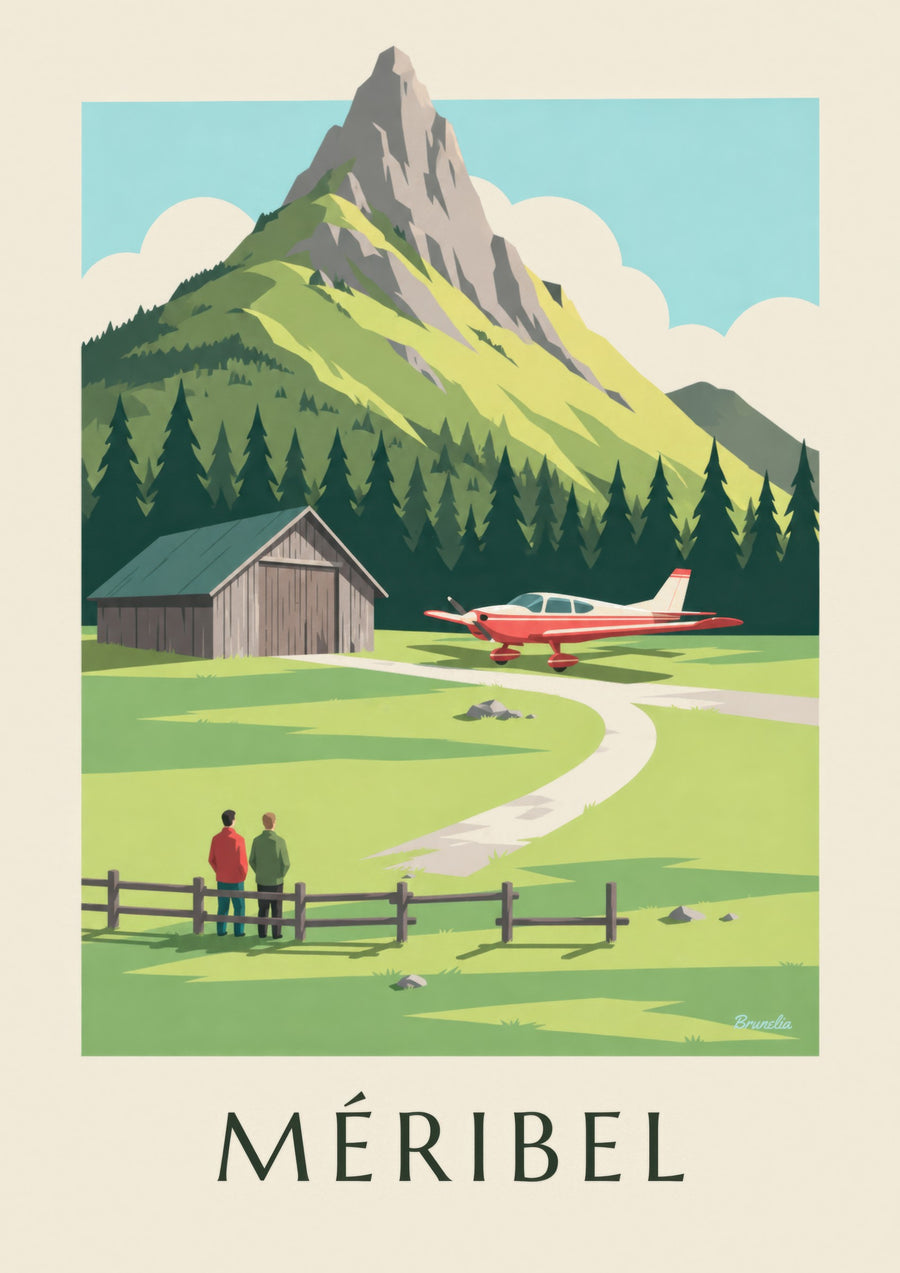 Plakat Méribel, mały samolot na altiportie