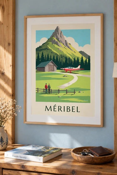 Plakat Méribel, mały samolot na altiportie : w ramie na ścianie
