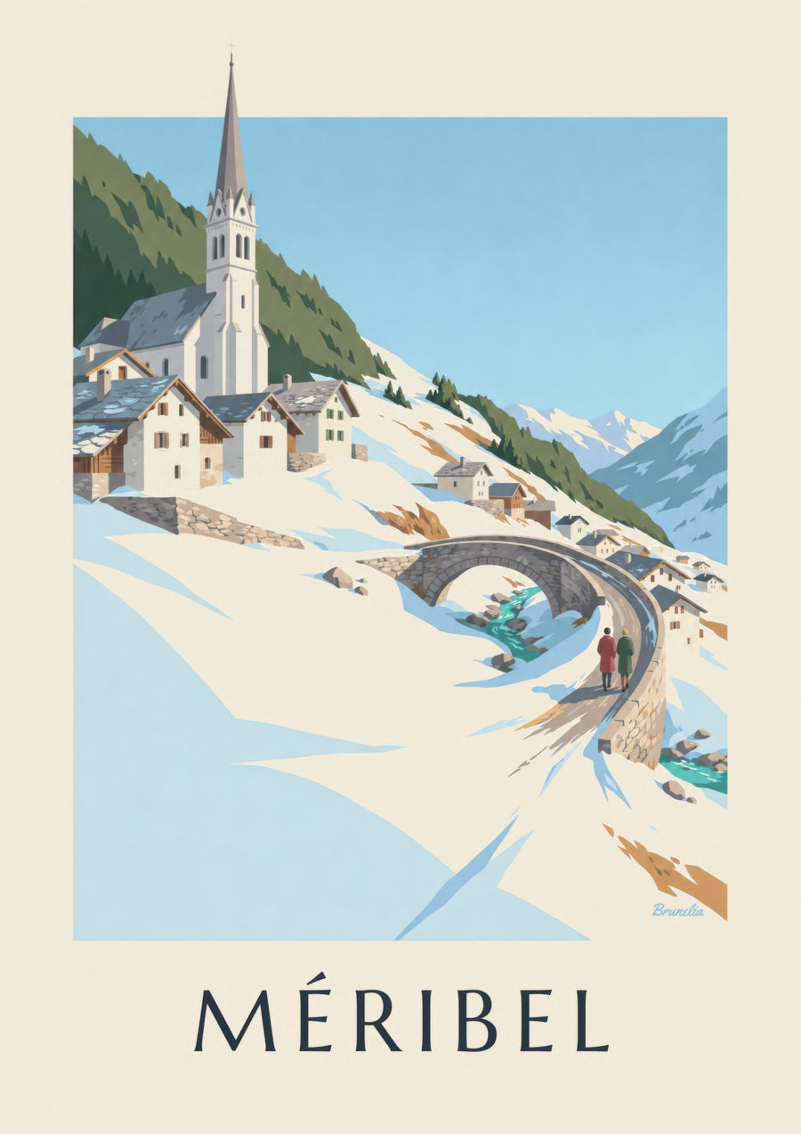 Plakat Méribel, most i kościół w Les Allues