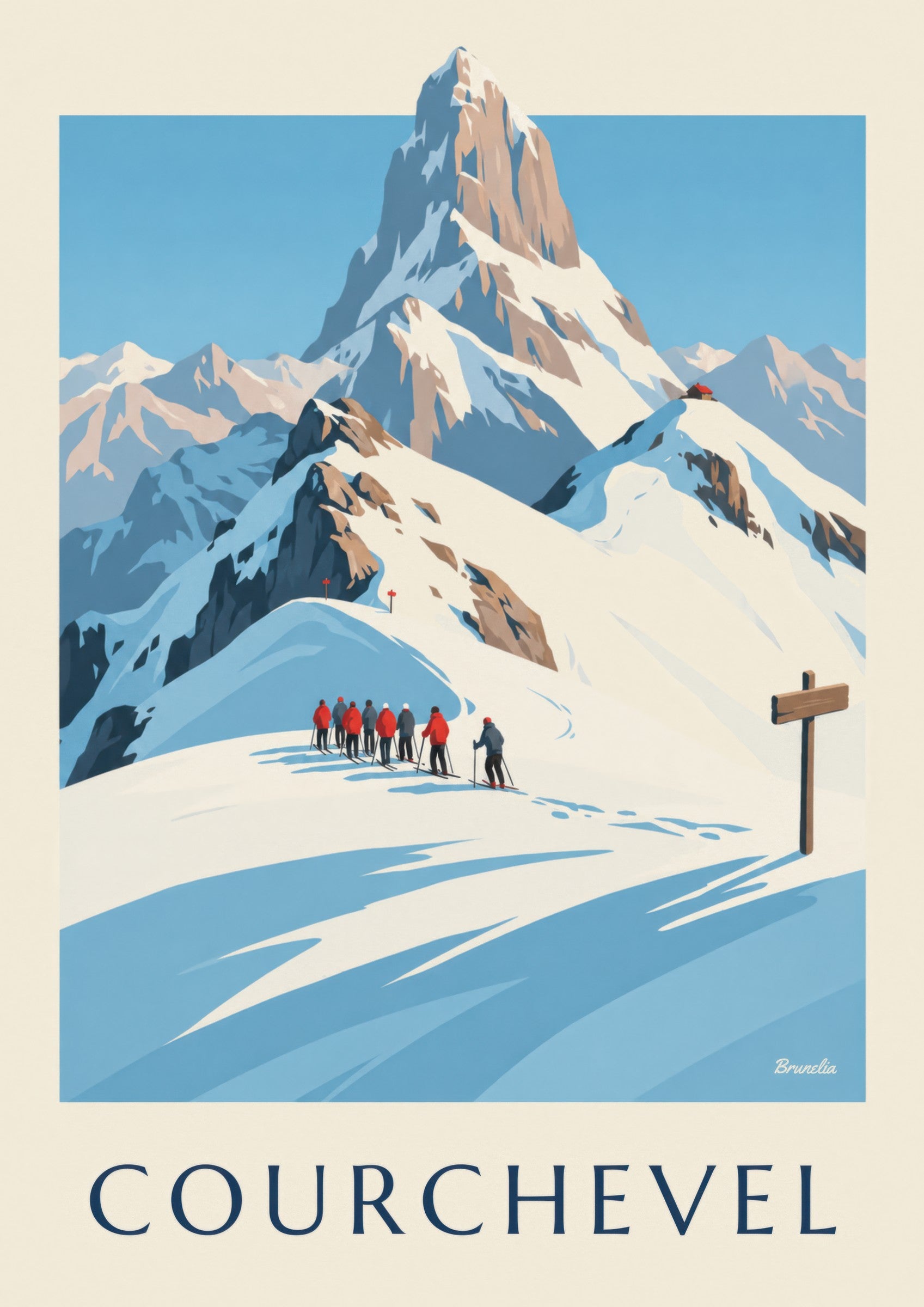 Plakat Courchevel, narciarze na tle Vanoise: zbliżenie szczegółu