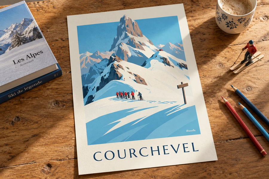 Affiche Courchevel, skieurs face à la Vanoise : posée sur une table
