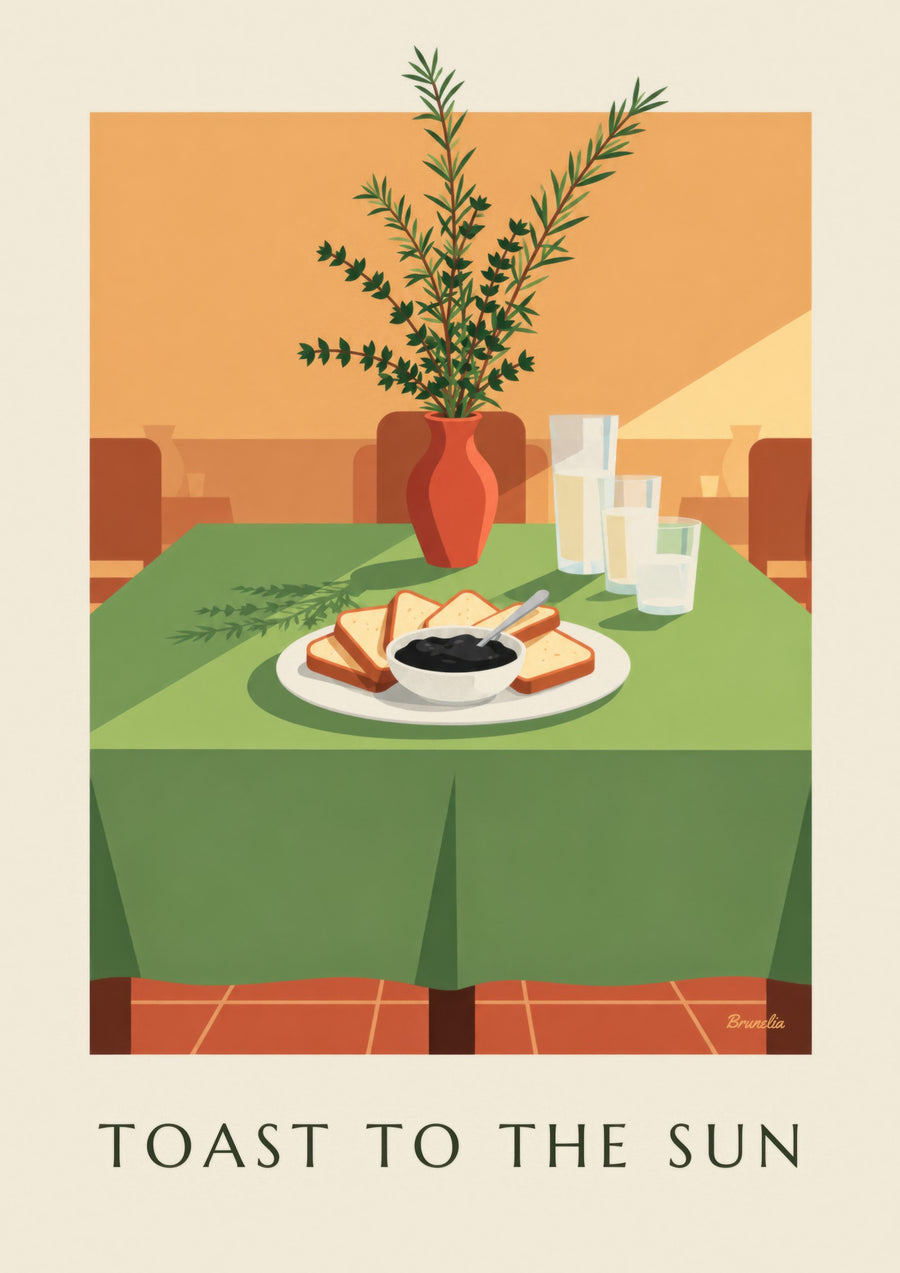 Plakat z czarną tapenadą i tostami na aperitif