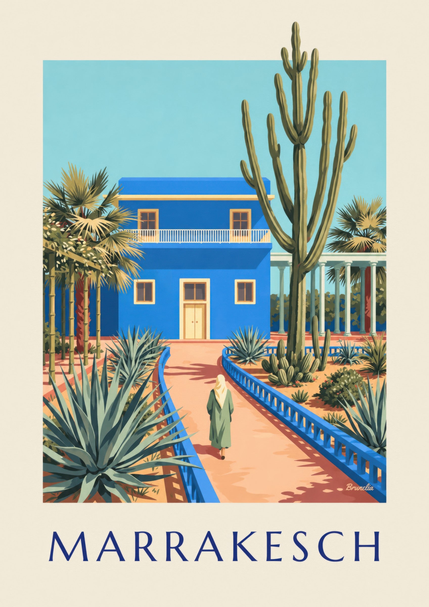 Plakat przedstawiający niebieską willę i kaktusy w Marrakeszu (tytuł MARRAKESZ): zbliżenie szczegółu
