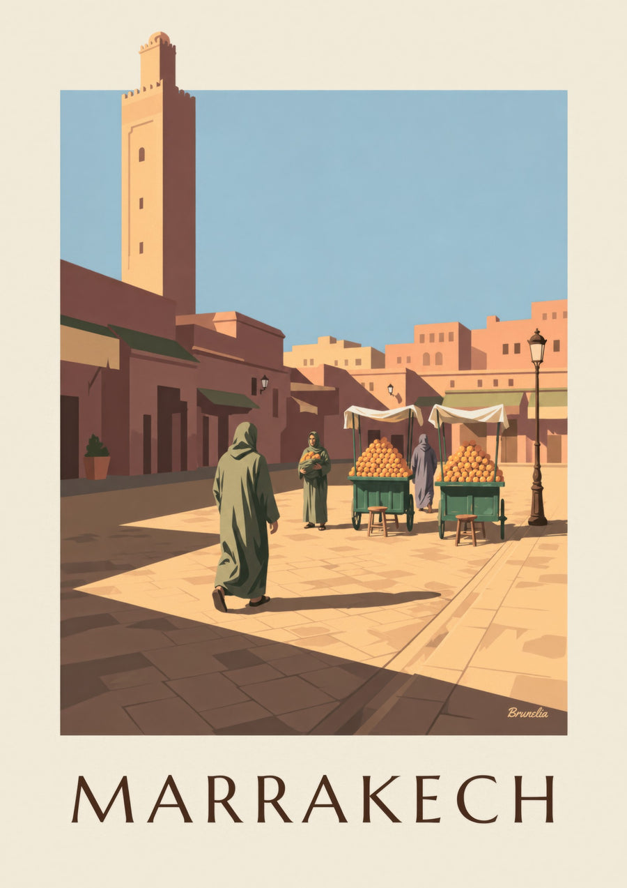 Plakat Dżamaa al-Fina w Marrakeszu, stragany z pomarańczami