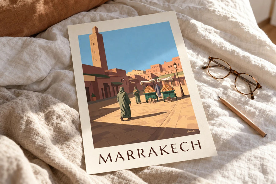 Plakat Dżamaa al-Fina w Marrakeszu, stragany z pomarańczami : na stole