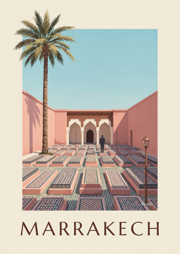 Plakat grobowców Saadytów w Marrakeszu z arkadami i zellijami
