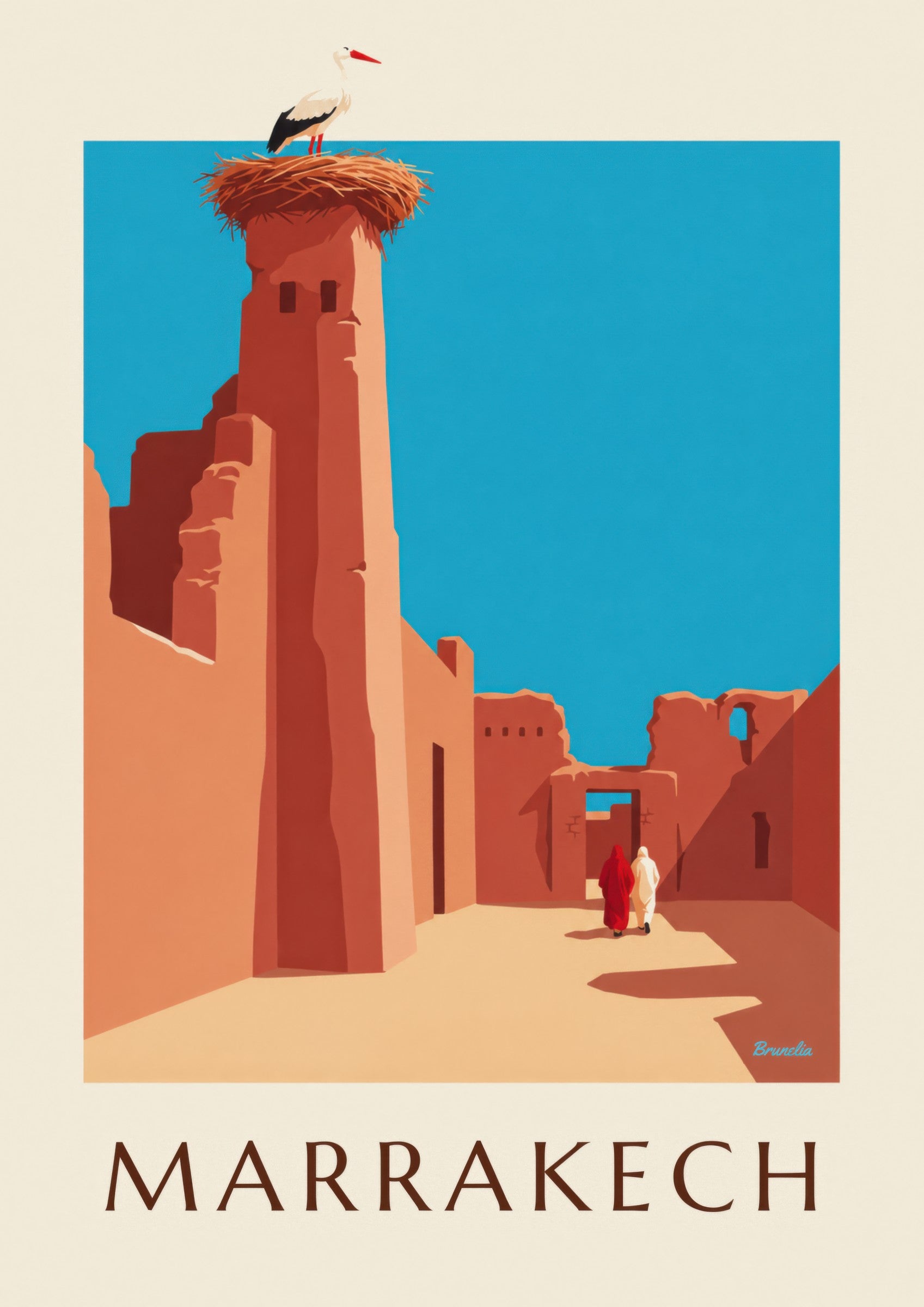 Affiche cigogne sur les remparts d’El Badi à Marrakech: zbliżenie szczegółu